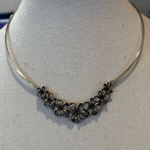 Vintage Signed KABANA Plumeria Floral Sterling Silver Collar Necklace